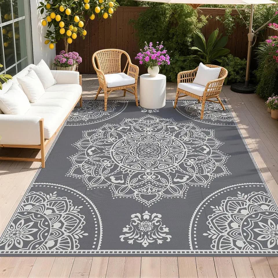 Pauwer Waterproof Outdoor Rug 8x10, Plastic Straw Patio Mat, Floral Grey