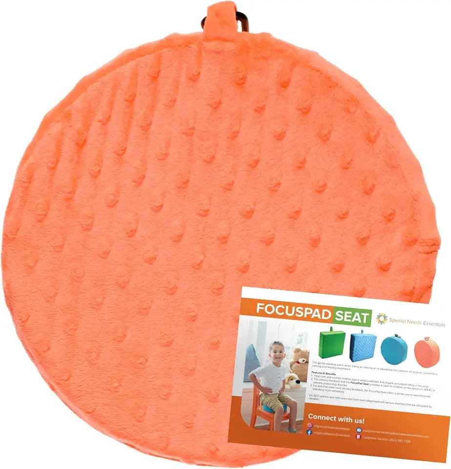 Special Needs Essentials FocusPad Vibrating Sensory Seat Cushion - Wiggle Seat & Foot Fidget for Kids and Adults with ADHD or Autism, Classroom & Home | Plush Textured Orange Circle