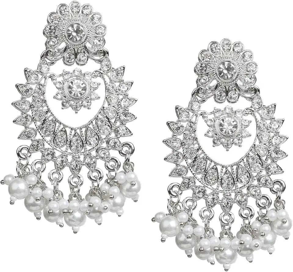 Bindhani White Stone Golden Color Indian Chandbali Dangler Earrings For Women