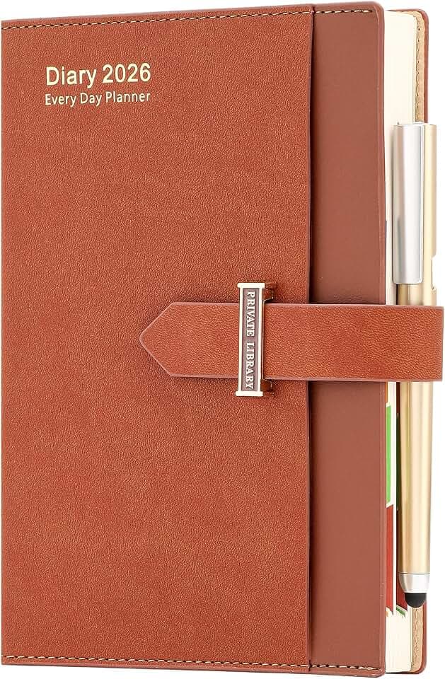 Akademischer Terminkalender 2026,Tag pro Seite,2026 Terminkalender,Hardcover organisiert von an 2026 bis Dez 2026, A5 Agenda,Tages und Monatsplaner mit Stift,farbiges monatstablett.Brown
