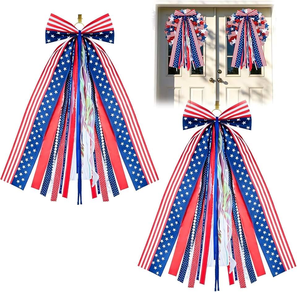 2 Pack Patriotic Bows for Wreaths 3.93x27.56” Large Patriotic Star Ribbons Bow Clip-On 4th of July Decorations Wreath Sash Bow Red White and Blue Bow for Front Door Independence Memorial Day Decor