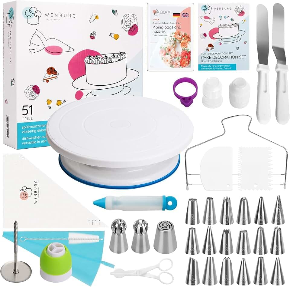 Wenburg Tortenplatte Drehbar - 51 tlg. Tortenständer Set mit 28cm Drehbare Tortenplatte & Torten Zubehör für Anfänger und Profis - Cake Stand, Drehteller Torte & Kuchen Zubehör