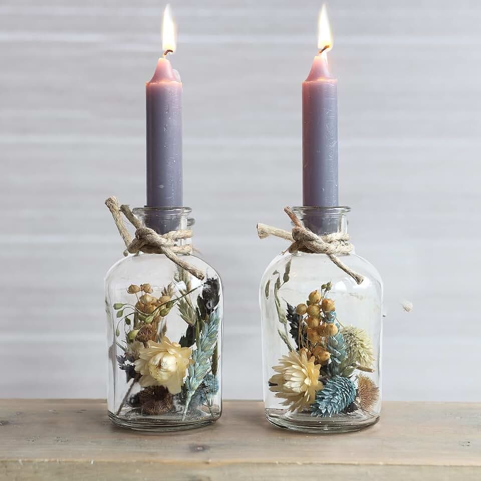 comforder Trockenblumen im Glas mit Kerzen, Kerzenhalter (Blaugrau)