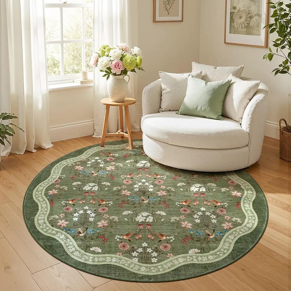jinchan 5ft Washable Round Area Rug, Soft Chinoiserie Floral, Sage Green