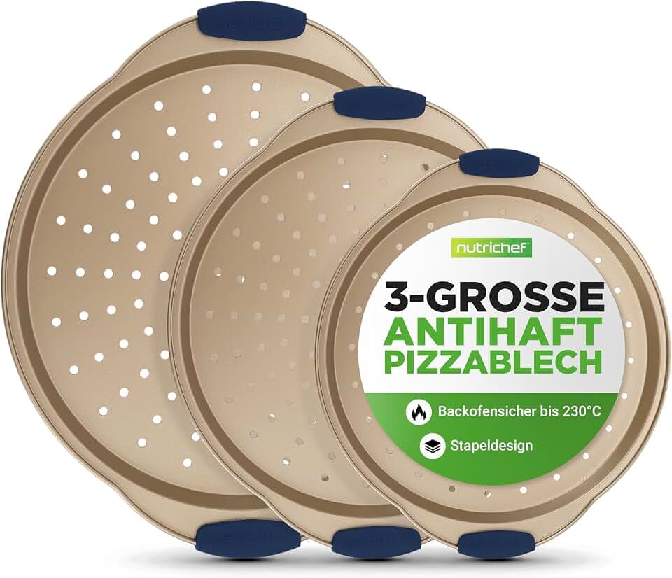 NutriChef Pizzablech Gold 3er-Set Ø 24 cm, 28 cm & 33 cm – Gelochte Antihaft-Backformen aus Carbonstahl mit Silikongriffen Stapelbar und spülmaschinengeeignet, für Pizza, Flammkuchen und Brot