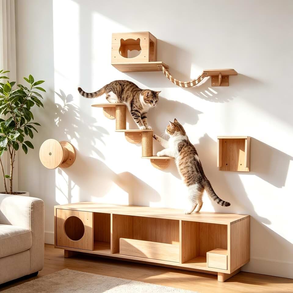 Kletterwand Katzen, 5-teilig Katzen Kletterwand mit Katzenhäusern bis 15 kg
