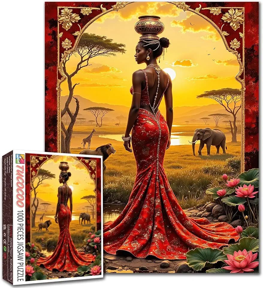 Africa Black Girl 1000 Piece Jigsaw Puzzles for Adults America, Afro Woman Puzzle Wearing Intricate Puzzles Game Fashion Model Wall Decor DIY Craft Puzzle (27"x20")