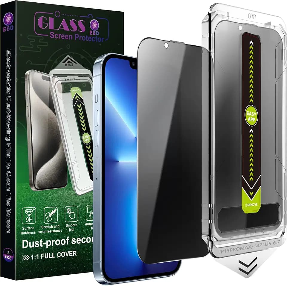 2 Pack Anti-Spy Privacy Screen Protector for iPhone 13 Pro Max/14 Plus(6.7-Inch),9H Tempered Glass,Full Coverage,Anti-Fingerprint,Auto Dust Removal,Bubble-Free,Easy Installation