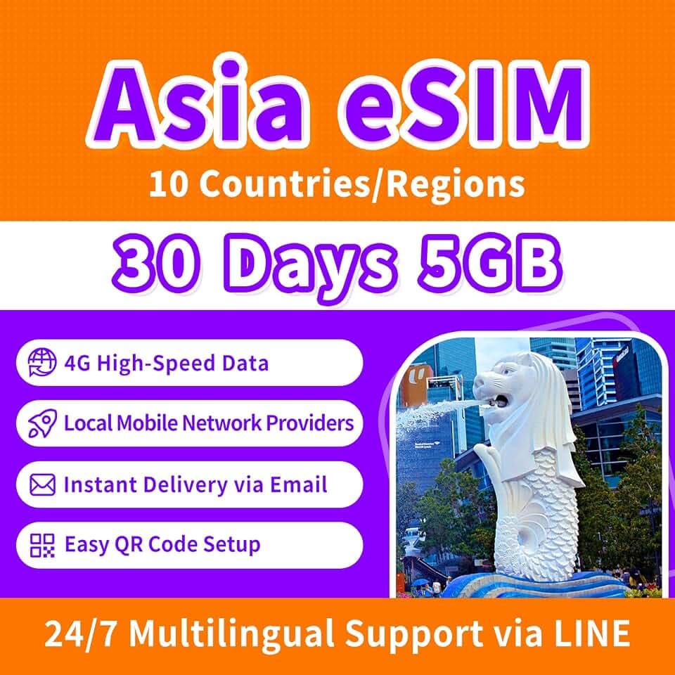 Asia eSIM - 30 Days 5GB High-Speed Data in 10 Countries/Regions incl. Japan, Korea, Singapore. Unlimited 128kbps After Cap, Hotspot Supported, Same-Day Online Delivery. (30 Days 5GB)