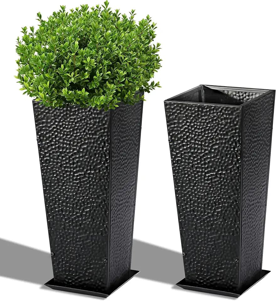 BAYN 2-Pack 24" Tall Metal Planter – Hand-Hammered Textured Large Black Flower Pots Box with Saucer for Outdoor&Indoor, Garden, Porch, Patio, Yard with Pre-Drilled Drainage Holes