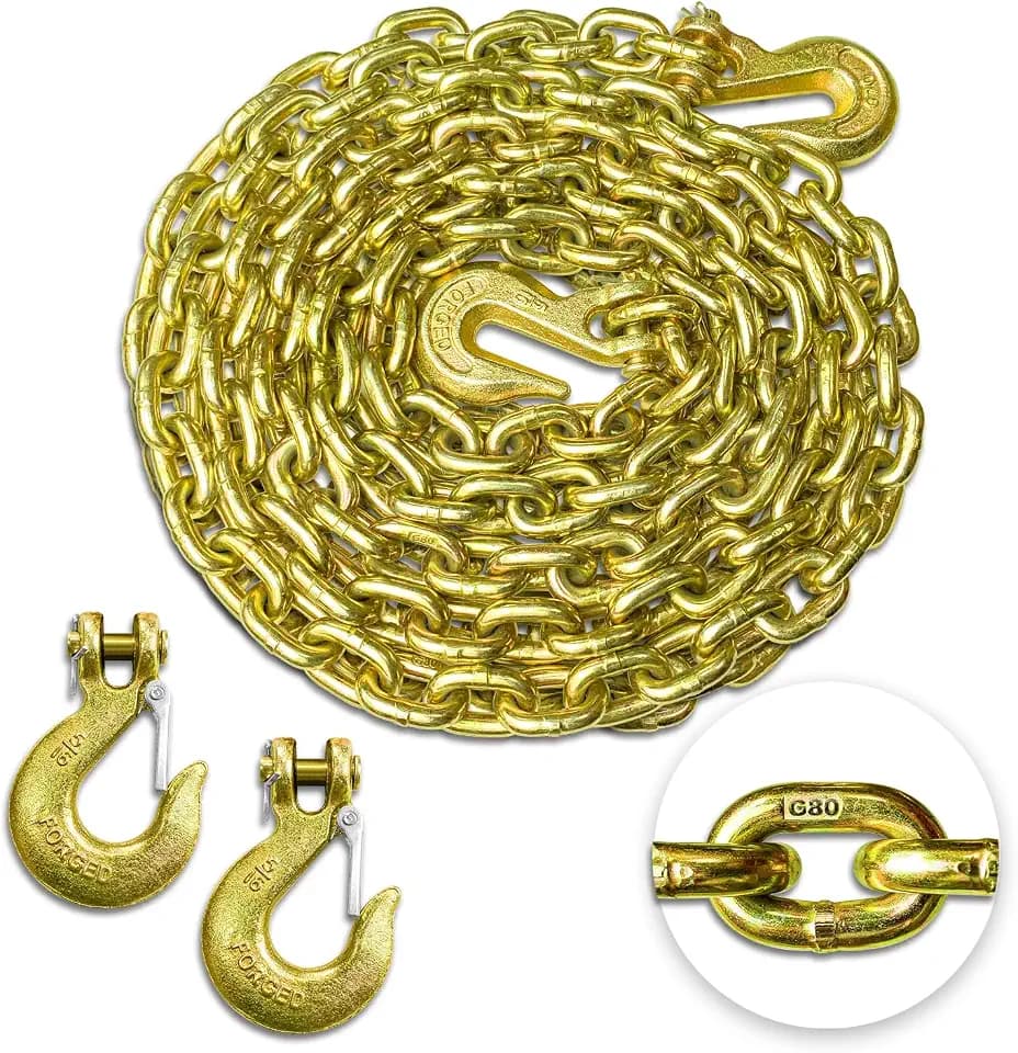 YATOINTO G80 Transport Binder Chain 5/16 Inch x 18 Foot with 2 Clevis Grab Hooks & 2 Added Clevis Snap Hook, 4,900 lbs SWL, Heavy-Duty Logging Chain for Transporting, Towing, Tie Down