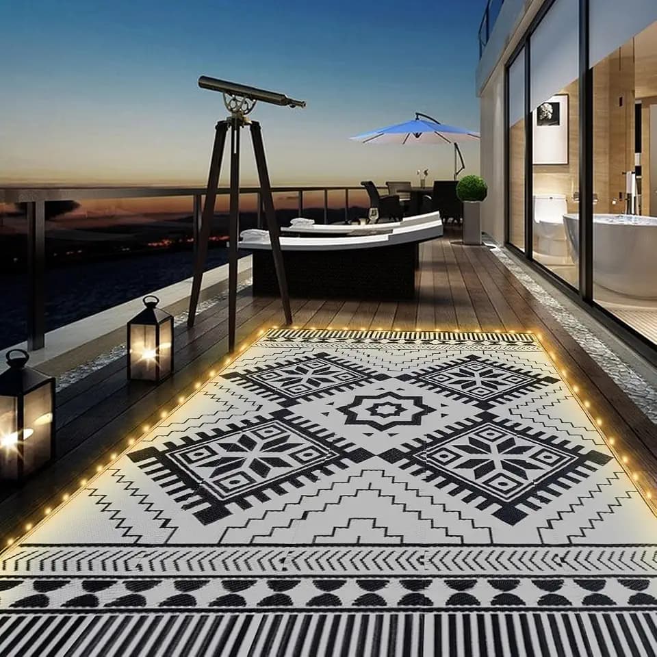 DiiKoo Waterproof Outdoor Rug 8x10ft, Foldable Reversible Plastic Straw Mat for Patio with LED Lights, Boho3 LED (Black&White)