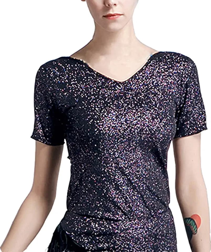 Women's Sparkle Glitter Rhinestones V Neck Latin Salsa Smooth Shine Ballroom Practice Dance Tops