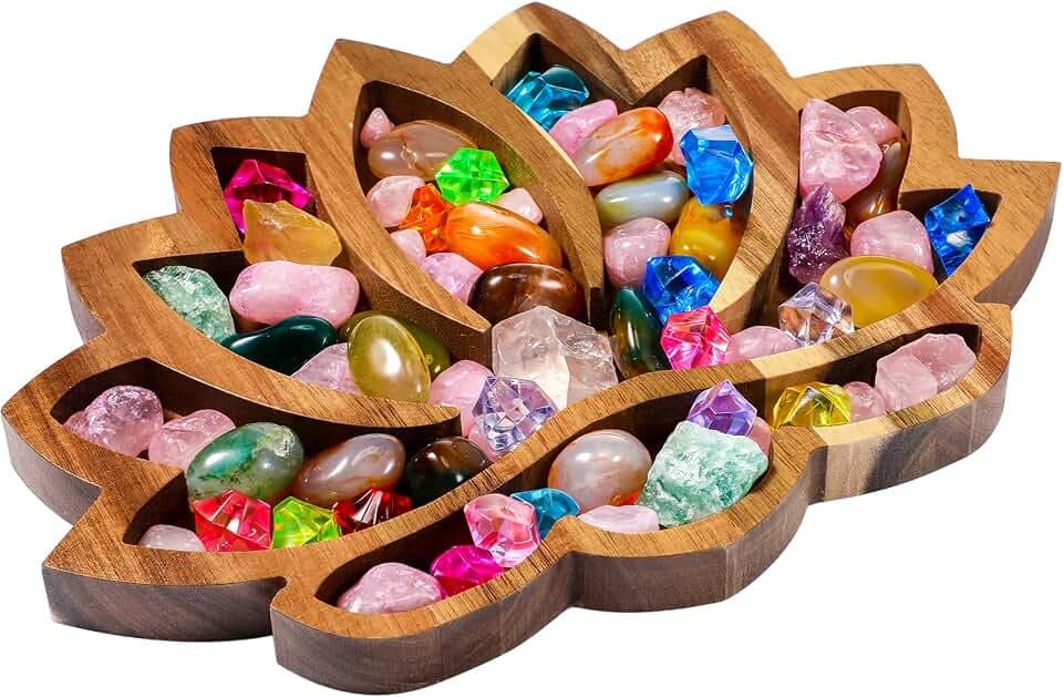 Vesici Lotus Crystal Tray for Stones, Wooden Holder, Classic