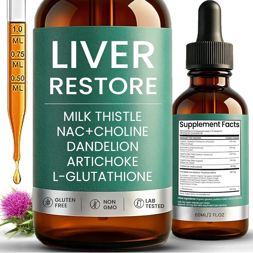 Liver Restore, Complete Liver Support | Milk Thistle, NAC + Choline, Dandelion, Artichoke, L-Glutathione | for Liver Cleanse & Repair - 2 FL.OZ (1PCS)