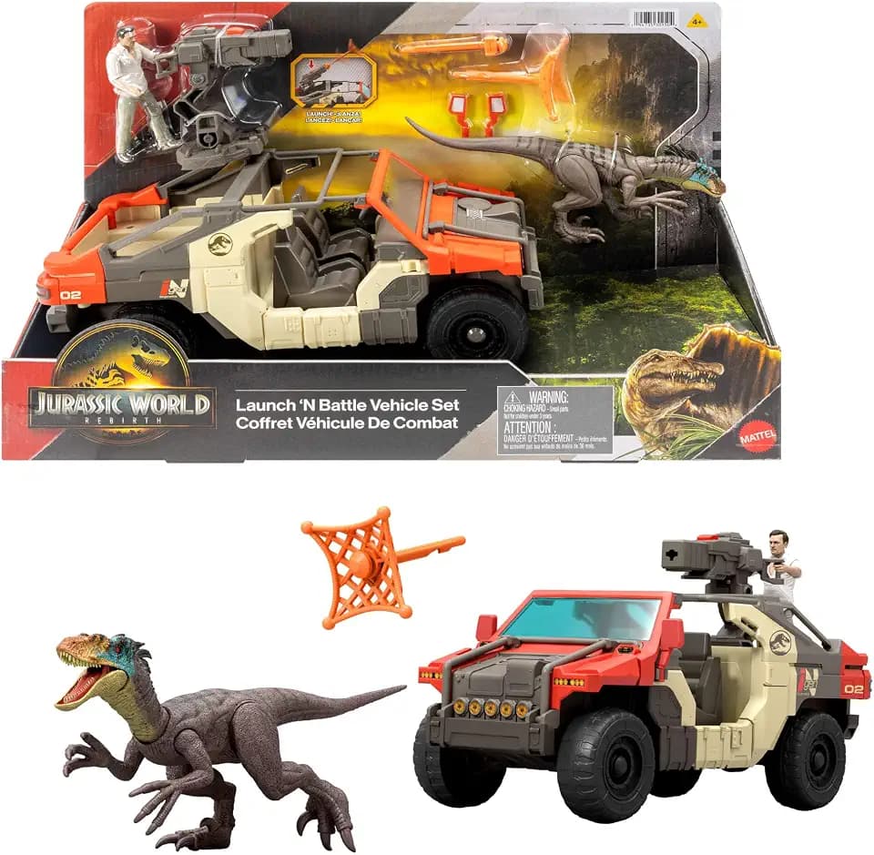 Mattel Jurassic World: Die Wiedergeburt Fahrzeug mit 1 menschlichen Figur und 1 Dinosaurier-Figur, Launch ‘N Battle-Truck, Martin Krebs Figur und Dinosaurier, Geschütz und 2 Projektile, JGB59