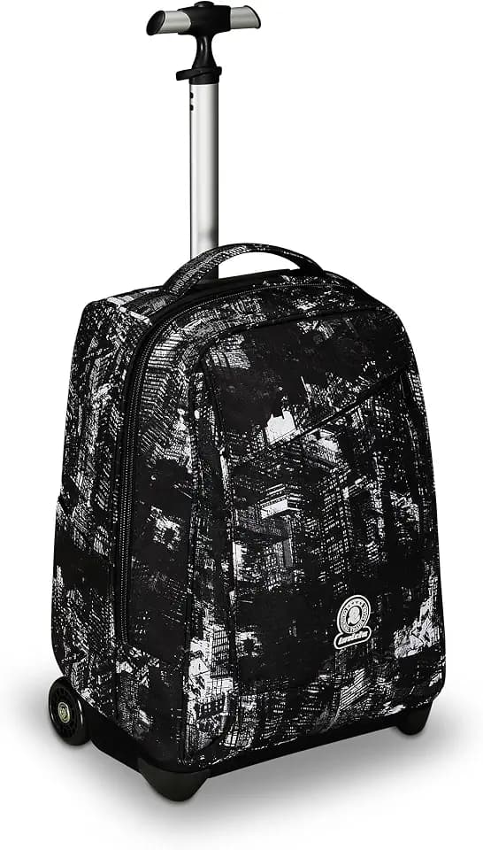 Invicta Trolley BENIN, 2 in 1, Schulranzen mit Rollen, Rucksack mit Trolleyfunktion für Schule, Reisen, Mädchen und Jungen, schwarz-weiß, Rollkoffer, mit Laptopfach und Trinkflaschenfach