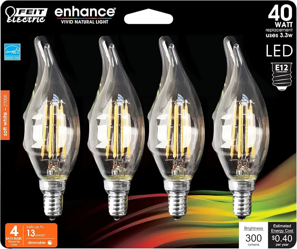 Feit Electric Candelabra LED Light Bulbs, Dimmable, 40W Equivalent, E12 Base, 2700K Soft White, Vintage B10 Filament Candle Light Bulb for Chandelier, BPCFC40927CAFIL/4/RP, 4 Pack