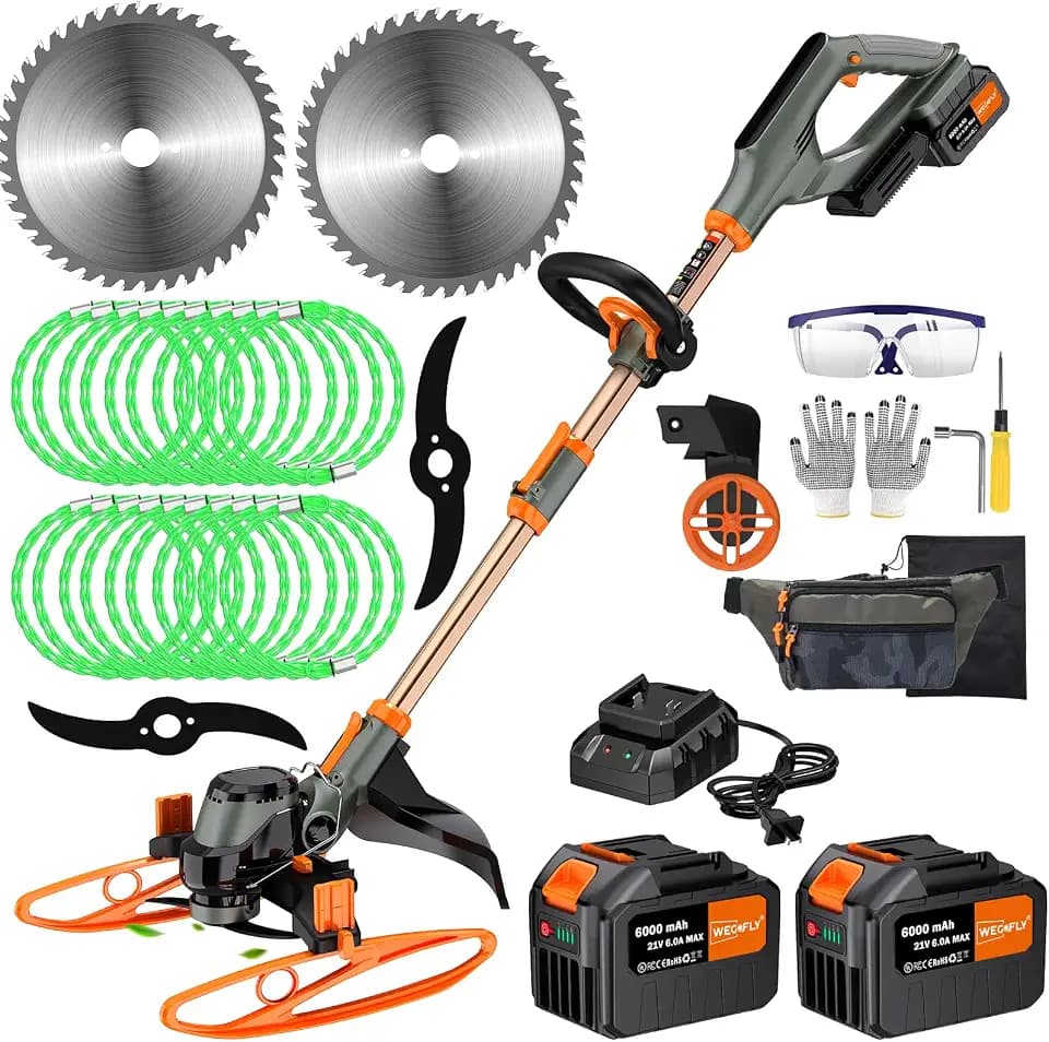 14" Electric Weed Wacker, 4 in 1 Cordless String Trimmer/Lawn Edger/Lawn Mower/Brush Cutter with Steel Gears, 2×21V 6.0Ah Batteries & Charger, Lightweight Grass Trimmer for Yard Garden