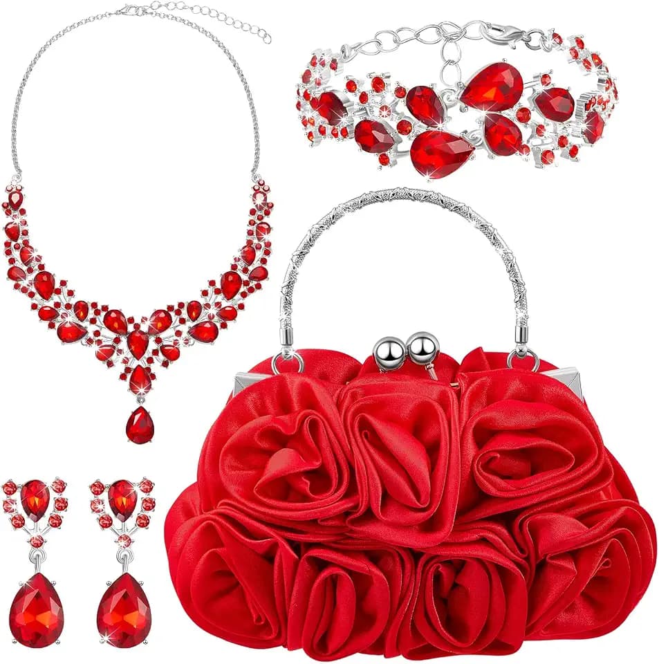 4 Pcs Flower Clutch Rhinestone Jewelry Set Rose Clutch Handbags with Detachable Strap Detachable Necklace Earrings Bracelets for Wedding Party Prom Valentine Gift