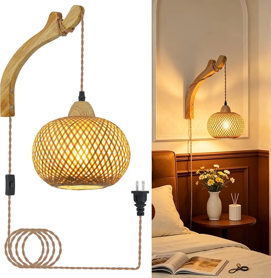 Frideko Bamboo Lantern Plug in Wall Sconces Wicker Wall Lamp with Plug in Cord Hand Woven Rattan Wall Light Farmhouse Rustic Wall Sconces Boho Sconces Wall Lighting for Living Room Bedroom