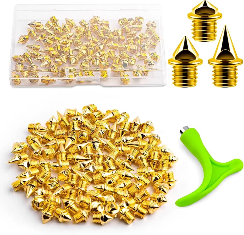 96PCS Alloy Steel Track Spikes, 32pcs 1/8in + 32pcs 3/16in + 32pcs 1/4in Track and Cross Country Spikes Golf Shoe Spike with Spike Wrench, Replacement for Sprint Sports Short Running (Gold)