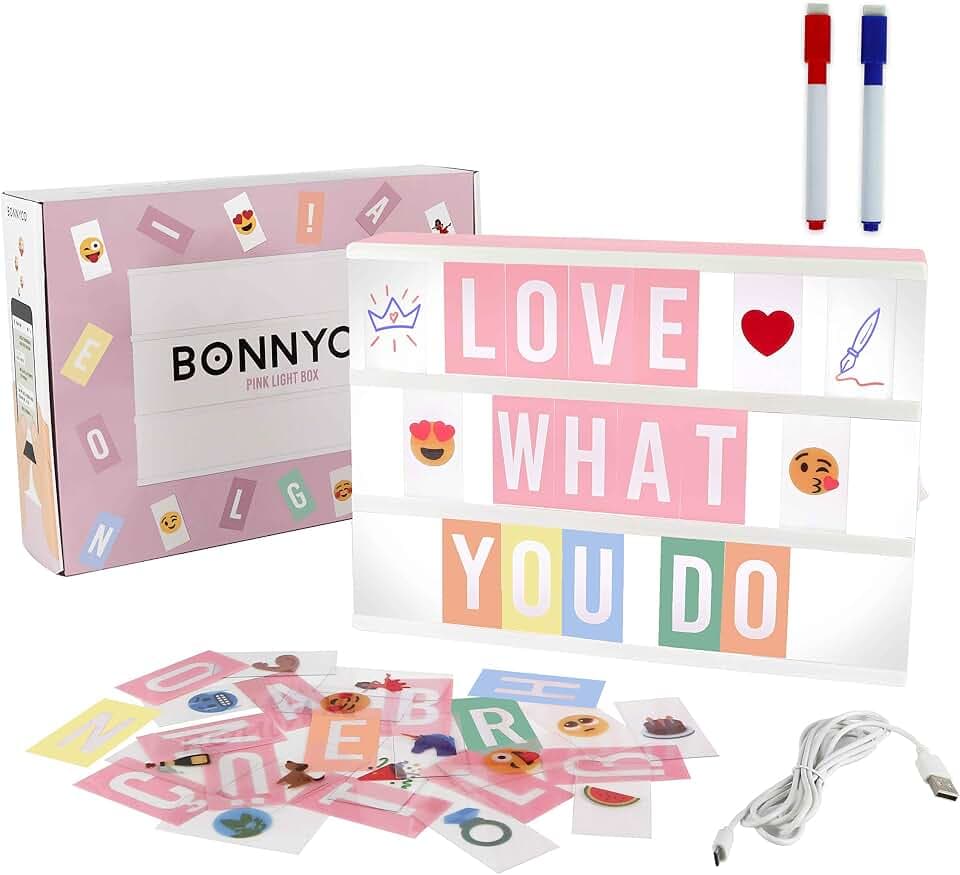 BONNYCO Light Box Rosa A4 mit 400 Buchstaben, Ä Ö Ü ß, Emojis, 2 Stifte USB