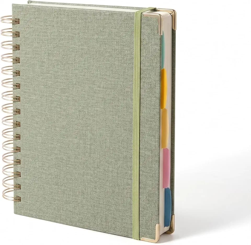 STAWINK Notizbuch A5 mit Register, 150 Blatt/300 Seiten, 100 g/m² cremefarbenes Papier mit dezenter 7-mm-Lineatur, PU-Hardcover mit feiner Leinenstruktur, Spiralbindung, Innentasche, Salbeigrün