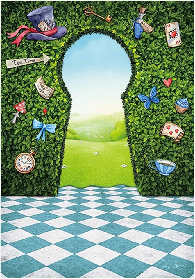 Allenjoy 59" x 82" Wonderland Green Fence Tea Party Key Hold Checkerboard Photo Backdrop Photography Background for Newborn Baby Shower Kid's Birthday Party Decorations Supplies Booth Studio Props
