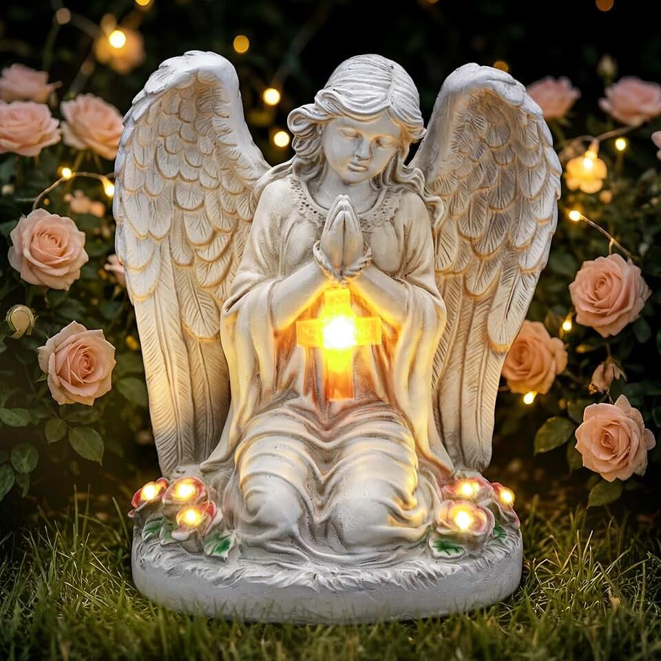 Solar Angel Garden Statues with Cross and 6 LED Lights, Solar Outdoor Decor for Patio, Balcony, Yard, Cemetery, Waterproof Praying Angel Figurines, Lawn Ornaments Gifts for Women, Mom, Grandma
