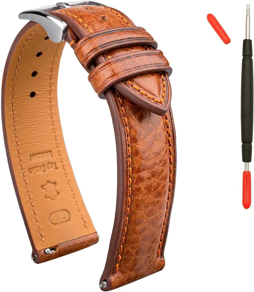 Italian Leather Watch Band Tuscany Natural Vegetable-Tanned Top Grain Genuine Leather Strap,18mm 19mm 20mm 21mm 22mm XL XXL Quick Release Replacement Watch Bands for Men and Women Thick and Soft
