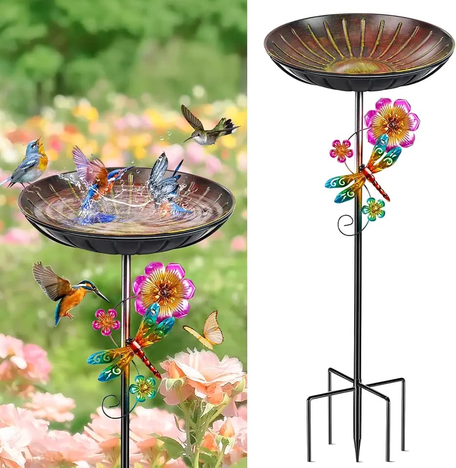 Vogeltränke Stehend 96cm, Vogelbad für Draußen Garten, Metall Futter Schale mit Stabiler 5-Zinken-Basis, Wassertränke für Vögel Vogeltränke Groß Winterfest Frostsicher (Antike Rot-Gelb)