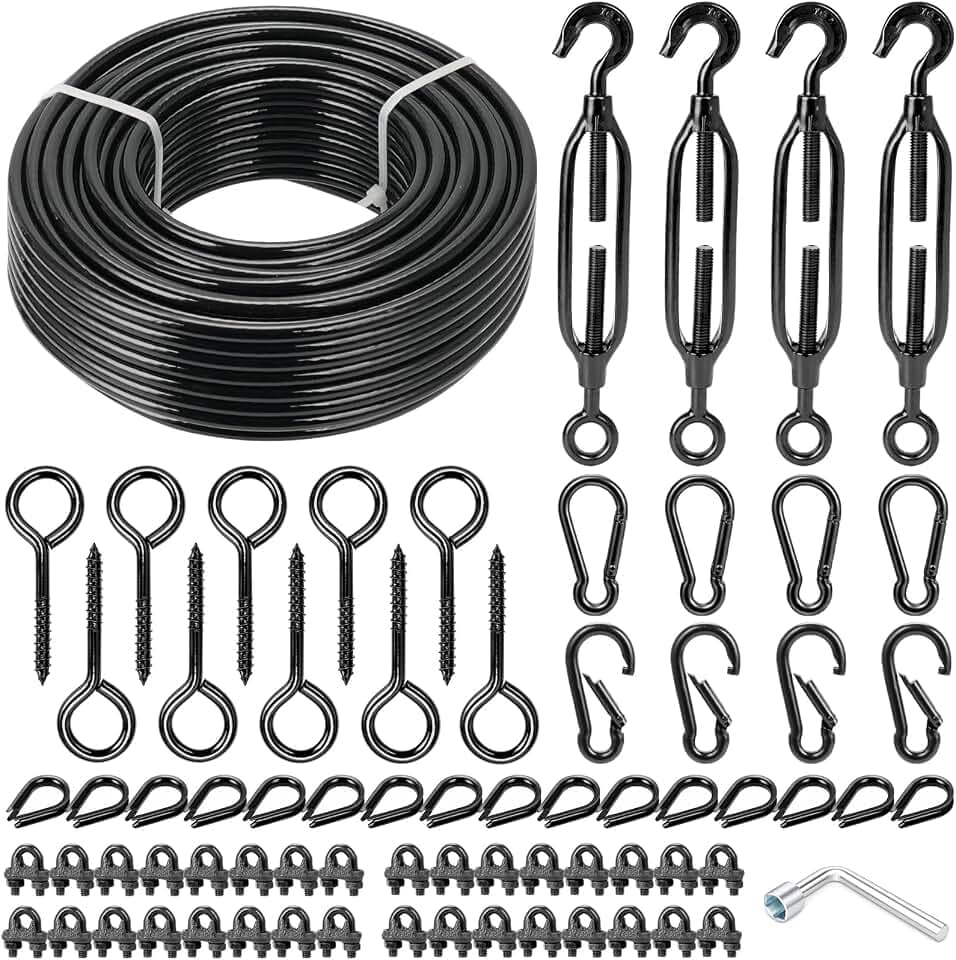 String Light Hanging Kit, All-Black Coated Steel Cable & Fittings