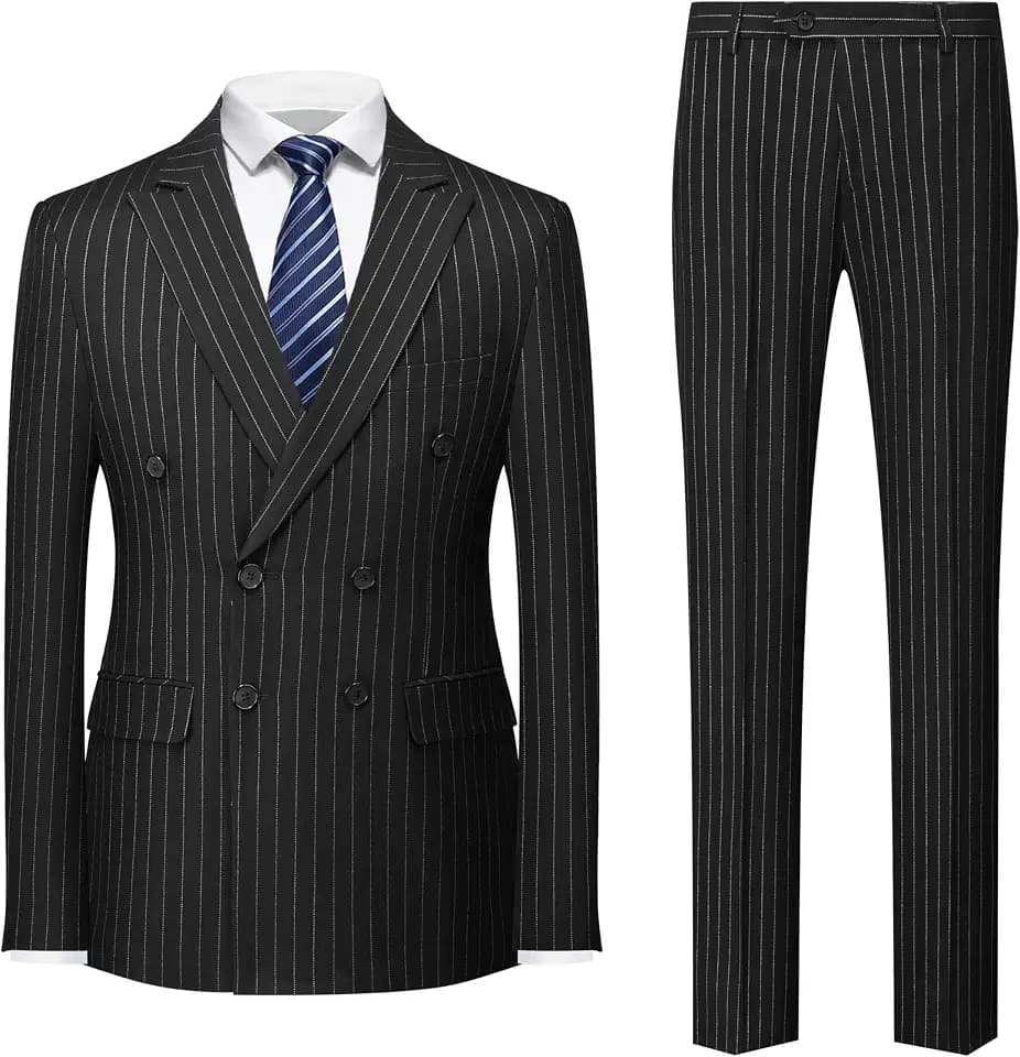 MOGU Herren-Zweiteiler mit zweireihiger Knopfleiste und Nadelstreifen, schmale Passform, formale Smokingjacke und -Hose für Business, Hochzeit, Abschlussball