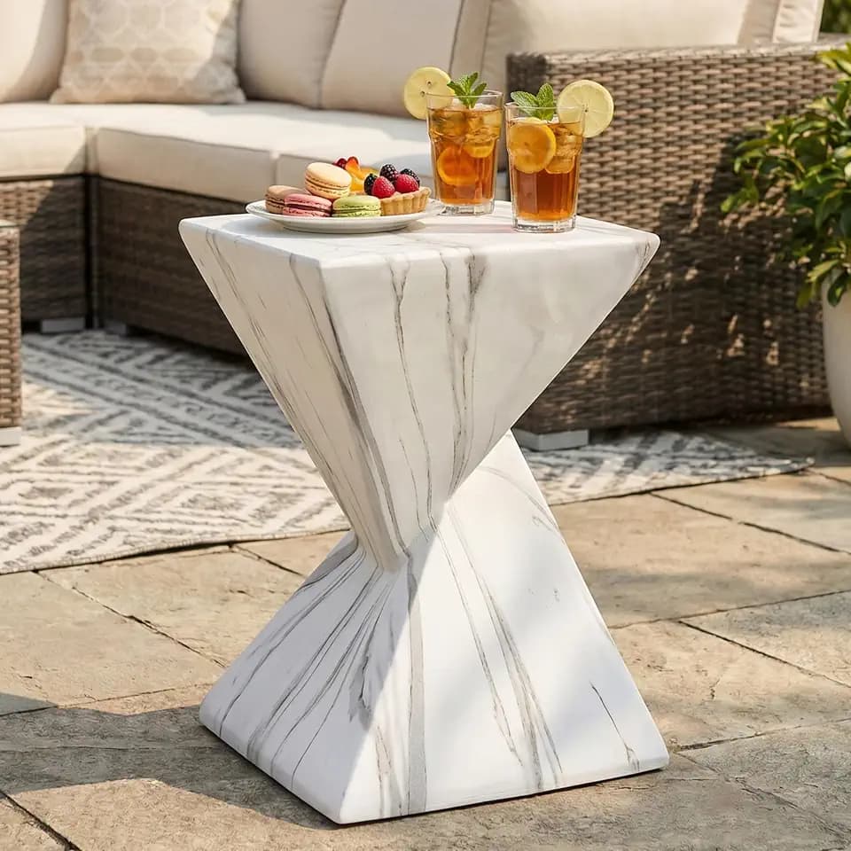 Christopher Knight Home 18.5 Inch Modern Outdoor Faux Concrete Side Table, Patio End Table with Sculptural Fluted Geometric Design, Accent Table for Garden Balcony Poolside