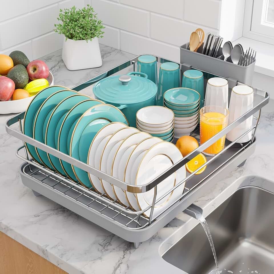 Sakugi Dish Drying Rack - Stainless Steel Dish Rack with Drainboard for Kitchen Counter and Sink, 15.6" D x 12" W x 5" H, Sliver