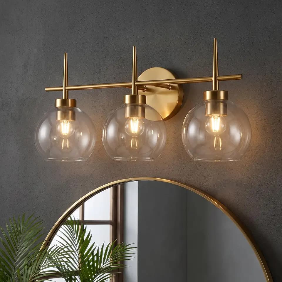 Tribesigns Bathroom Light Fixtures, 3-Light Bathroom Vanity Lights Over Mirror with Clear Glass Shade, Modern Brushed Gold Wall Sconces, Damp-Rated, E26 Base