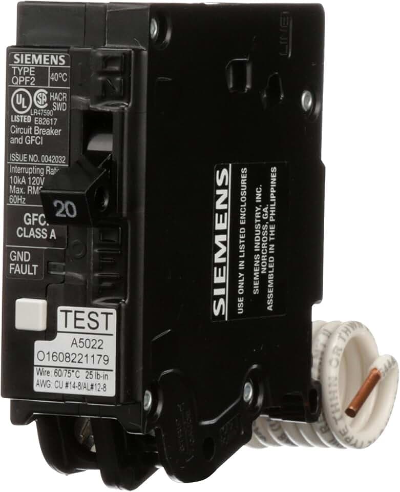 SIEMENS QF120A Gfci Circuit Breaker, Plug In, Self Testing, 20 Amp, 1-Pole, 120 Volt