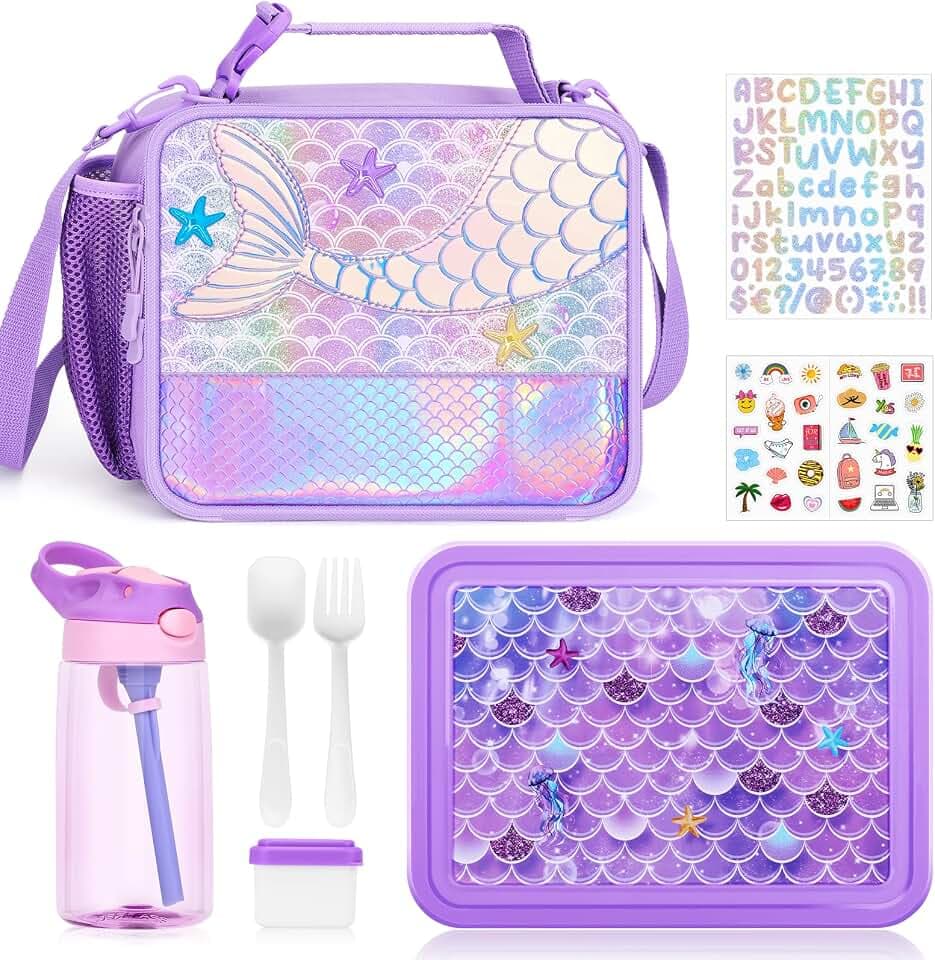 JYPS 3PCS Brotdose Kinder mit Fächern, Lunchtasche Kinder und Wasserflasche, Lunchboxen Tasche, Cute Lunchbag Bento Box für School/Kindergarten, Schulanfang Geschenke für Mädchen (Lila Meerjungfrau)