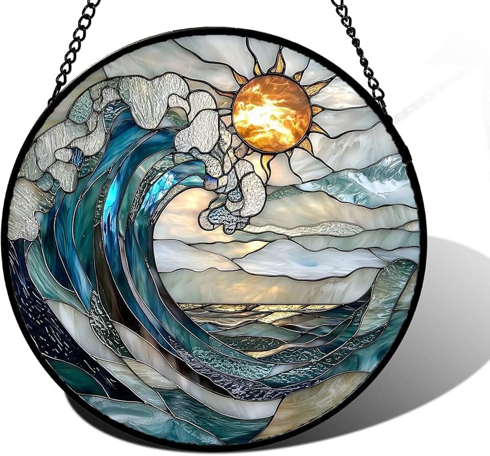 Blue and White Waves Stained Glass Window Hanging Suncatcher Gifts 9.8"