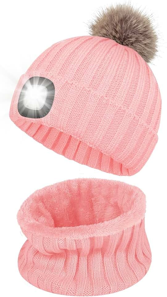 Shedoo Mütze mit Led Licht Kinder, Led Mütze mit Schal für Jungen und Mädchen, USB Wiederaufladbare LED Beleuchtete Beanie Mütze mit Licht, Wärmer Wintermütze für Jogging, Camping, Angeln, Walking
