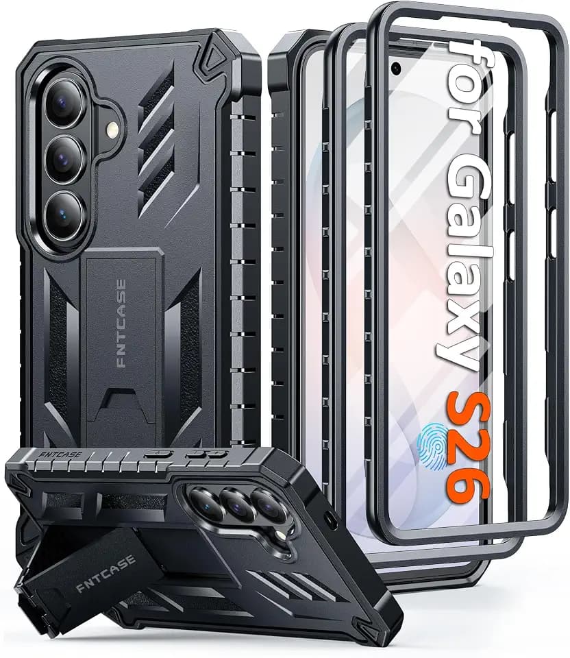 FNTCASE for Samsung Galaxy S26 Case, Built-in Screen Protector, Kickstand