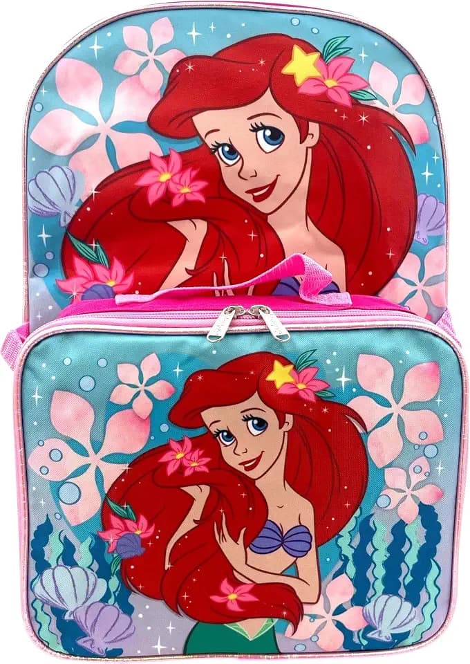 Disney Ariel Little Mermaid 16 Inch Girl's Backpack With Removable Lunch Box Set (Little Mermaid - Pink)
