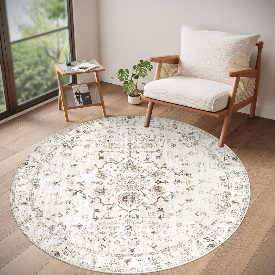 Homcomodar Teppich Rund Beige 120cm Teppich Wohnzimmer Kurzflor Teppiche Schlafzimmer Waschbarer Vintage Wohnzimmerteppich für Schlafzimmer Wohnzimmer
