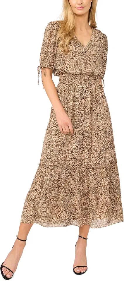 CeCe Women's Leopard Print Tie Sleeve Smocked Waist Midi Dress
