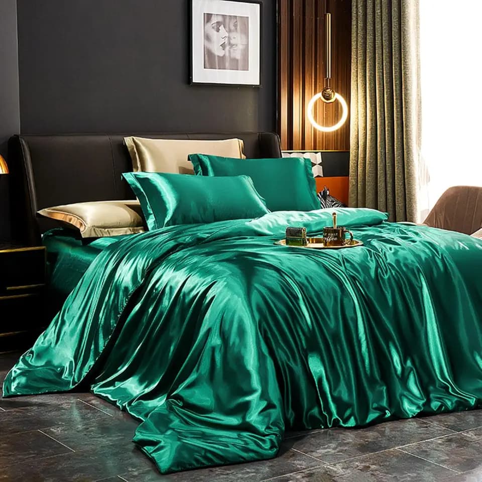 Freyamy Bettbezug aus Satin, 240 x 260 cm + 2 Kopfkissenbezüge 65 x 65 cm, Dunkelgrün, einfarbig, Luxus-Bettwäsche-Set für Doppelbett, Erwachsene, Bettbezug aus glänzendem Seidensatin, mit