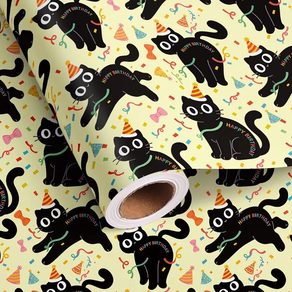 WPTEHOLS Black Cat Birthday Wrapping Paper Roll for Boys Girls - Party Hat, Confetti, Happy Birthday Text, Funny Gift Wrap for Holiday Party Baby Shower(Total 28.6 sq.ft)