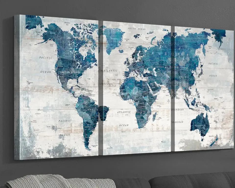 Large World Map Canvas Wall Art for Home Office Living Room Decor