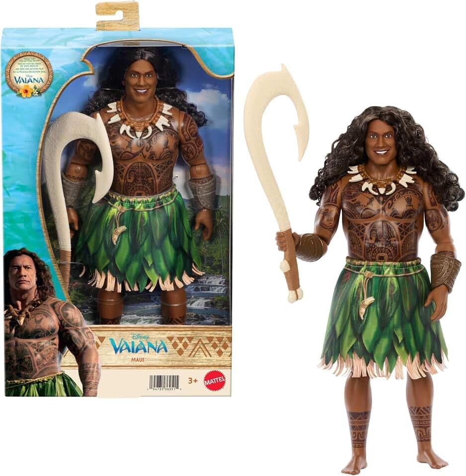 Mattel Disney Vaiana Maui Modepuppe, inspiriert vom Live-Action-Film | Abnehmbare Kleidung, lockiges Haar, 4 Accessoires inkl. Angelhaken, beweglich und sammelbar, JLV16