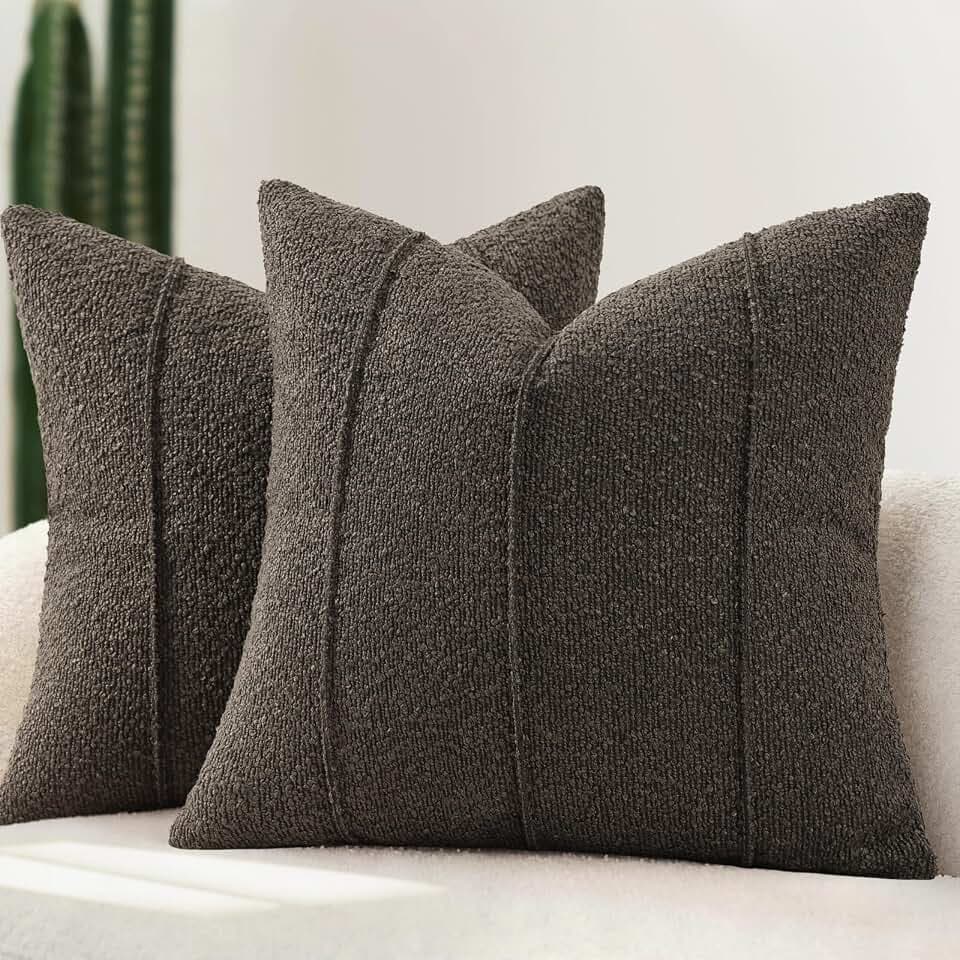 YCOLL Textured Boucle Throw Pillow Covers 20x20 Pack of 2 - Soft Neutral Striped Cushion Covers, Cozy Accent Decorative Pillow Covers for Couch, Sofa, Bed, Living Room (Dark Gray)
